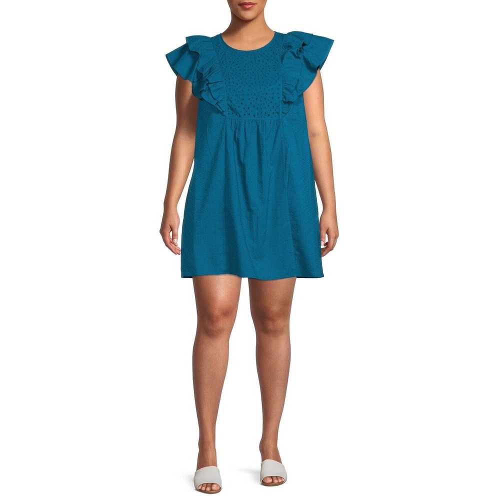Terra & Sky Plus Size 1X Babydoll Dress Woven Eyelet Blue Ruffle Detail Women's